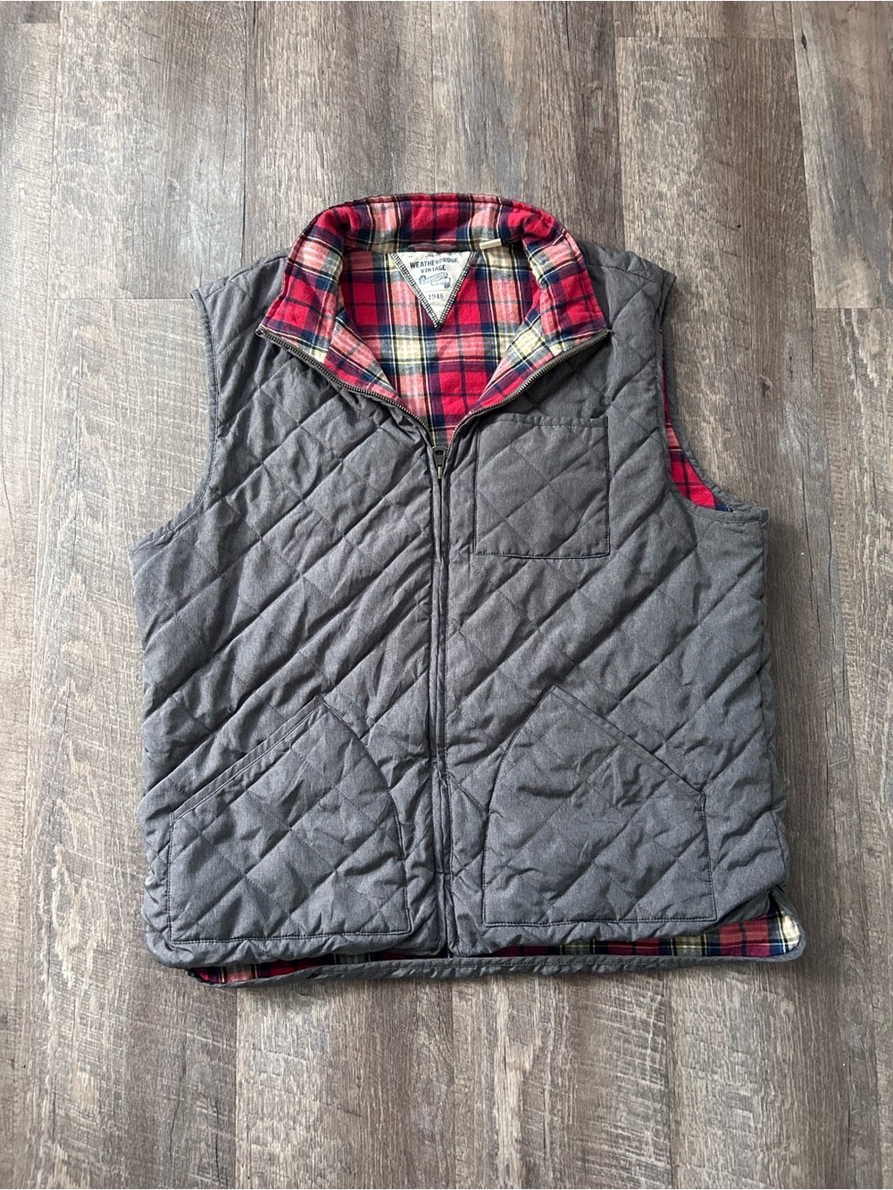 Weatherproof Gray Quilted Vest with Red Plaid Lining